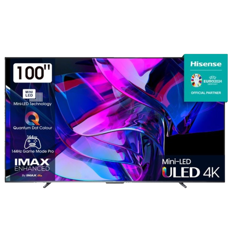 טלוויזיה חכמה Hisense UHD 4K עם 1620 אזורי עמעום לדגם 100U7KQ.