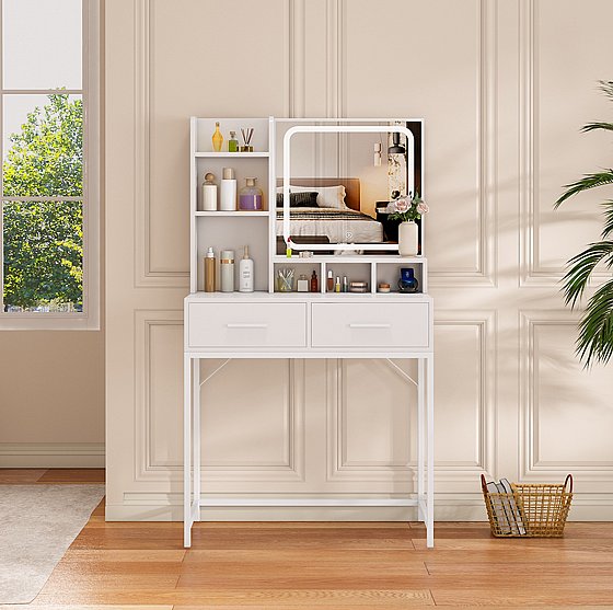 שידת איפור בגוון לבן עם תאורת לד דגם אודם ODEM מבית סטאר שופ STAR SHOP