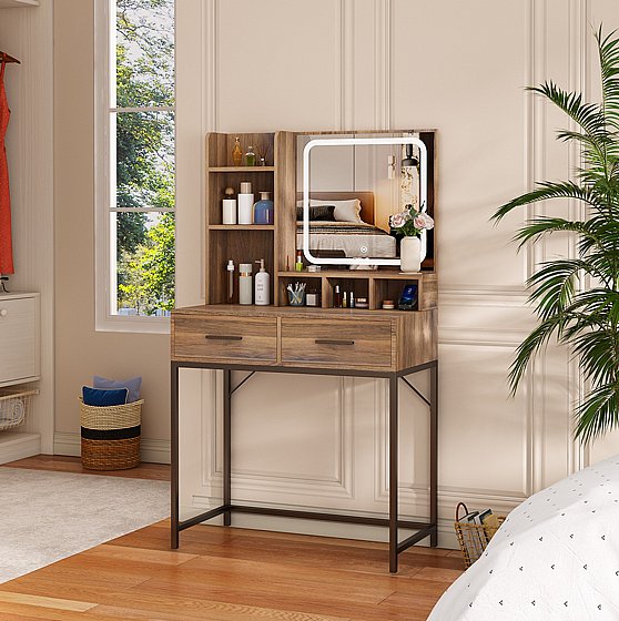 שידת איפור בגוון עץ עם תאורת לד דגם אודם ODEM מבית סטאר שופ STAR SHOP