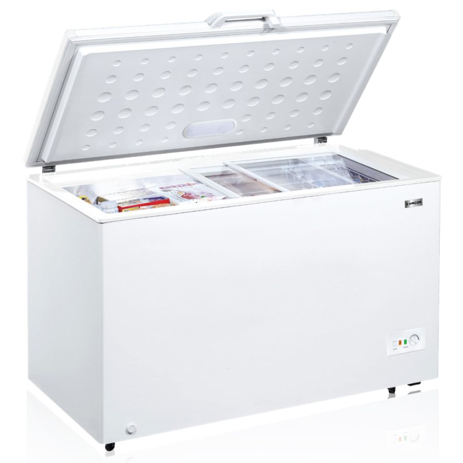 מקפיא שוכב Amcor HC 392D עם בקרת טמפרטורה אלקטרונית ו-2 דלתות זכוכית