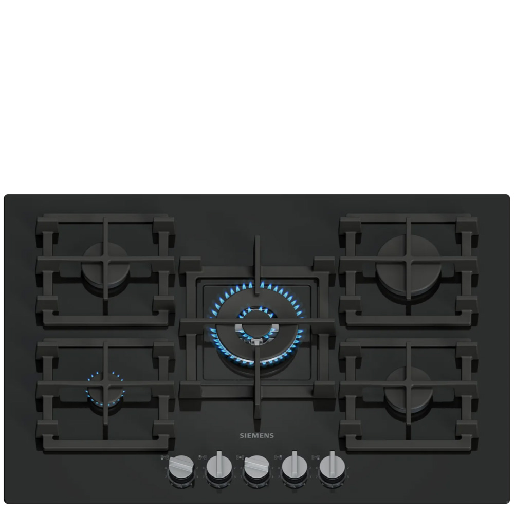 כיריים Siemens iQ500 עם 5 מבערים ורשתות ברזל יצוק לניקוי במדיח.