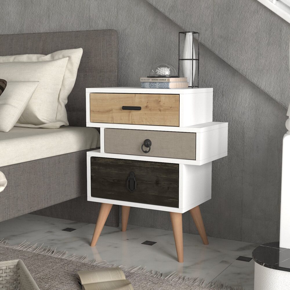 שידת לילה מעוצבת - Tricolore DE8509 עם 3 מגירות בצבעים שונים, עיצוב ייחודי - מבית HOMAX