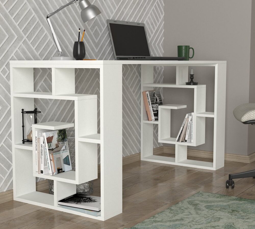 עמדת עבודה מעוצבת ליין 5682DE צבע לבן עם ספריה בדוגמת ספירלה - מבית HOMAX