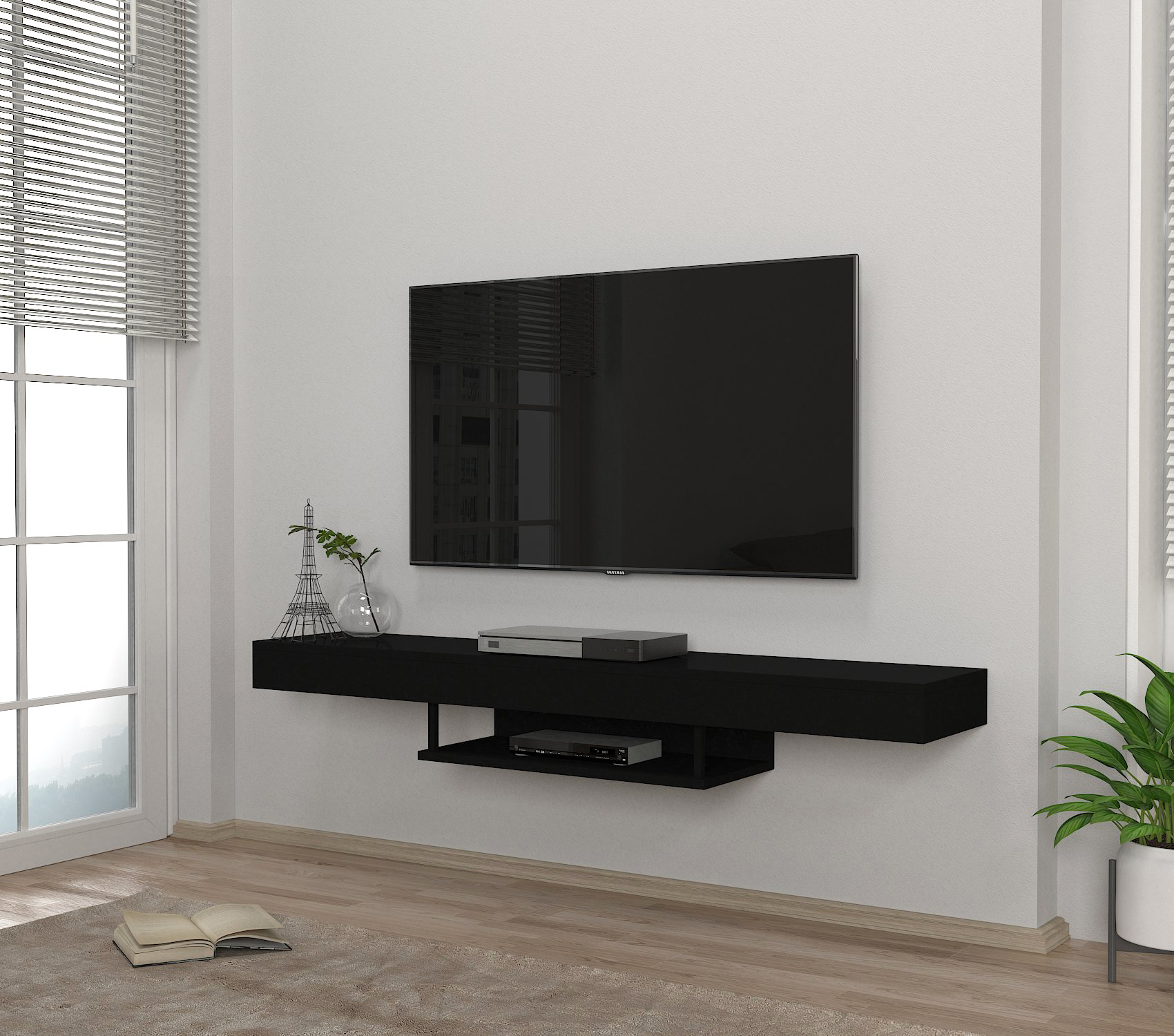 מזנון טלוויזיה צף דגם DE2507: עיצוב מודרני, רחב 150 ס"מ, שחור - מבית HOMAX