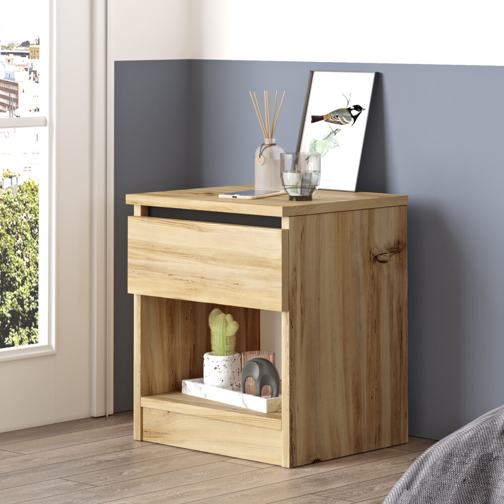 שידת לילה LV26 בצבע אורן-שחור עם מגירת אחסון ותא פתוח - מבית HOMAX