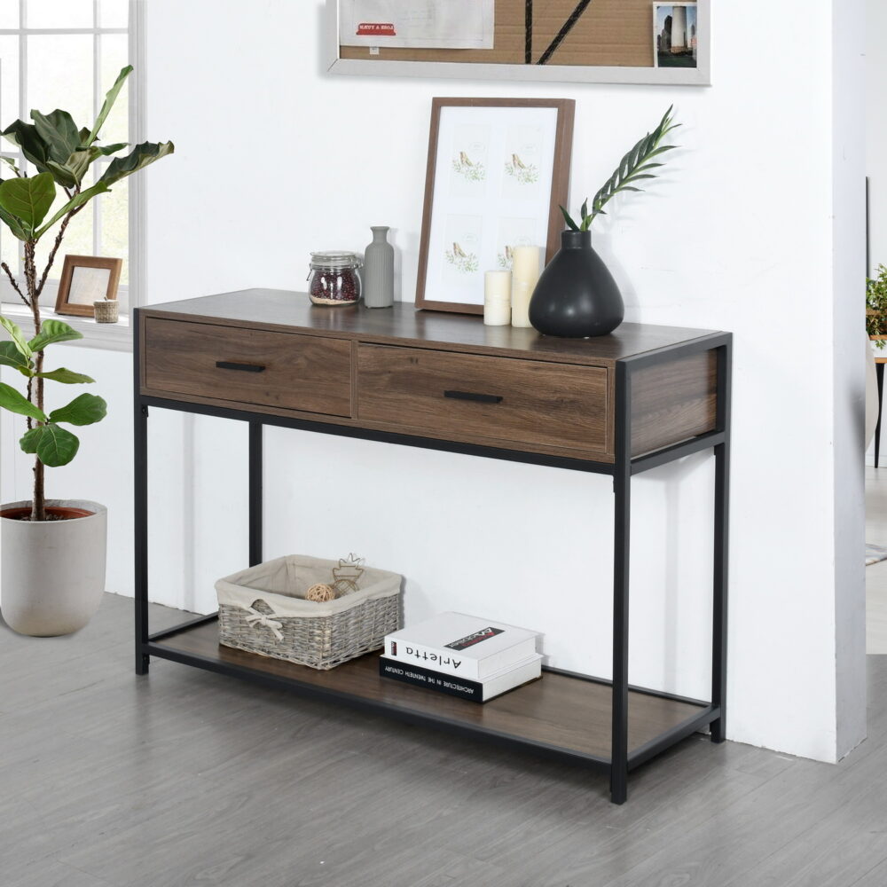 קונסולת כניסה QUICK - רגלי ברזל שחור, 2 מגירות אחסון נגשות, צבע אגוז - מבית HOMAX