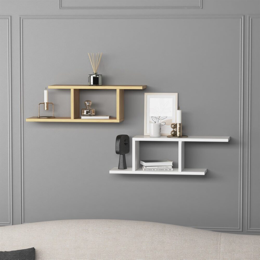 זוג מדפי אלון-לבן מעוצבים לאחסון ועיצוב חללים, עשויים שבבית דחוסה 18 מ"מ - מבית HOMAX