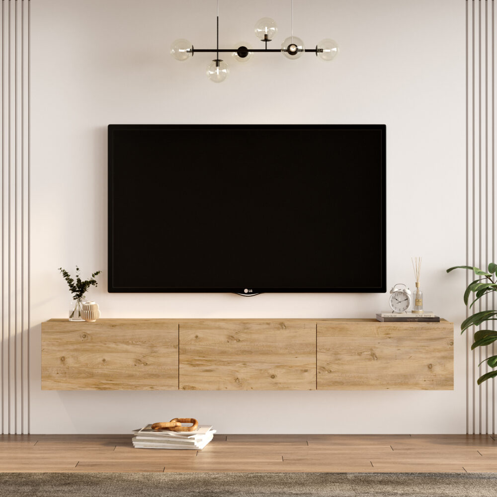 מזנון טלוויזיה צף Katu KBL3-A-אורן בעיצוב מודרני עם 3 תאי אחסון - מבית HOMAX