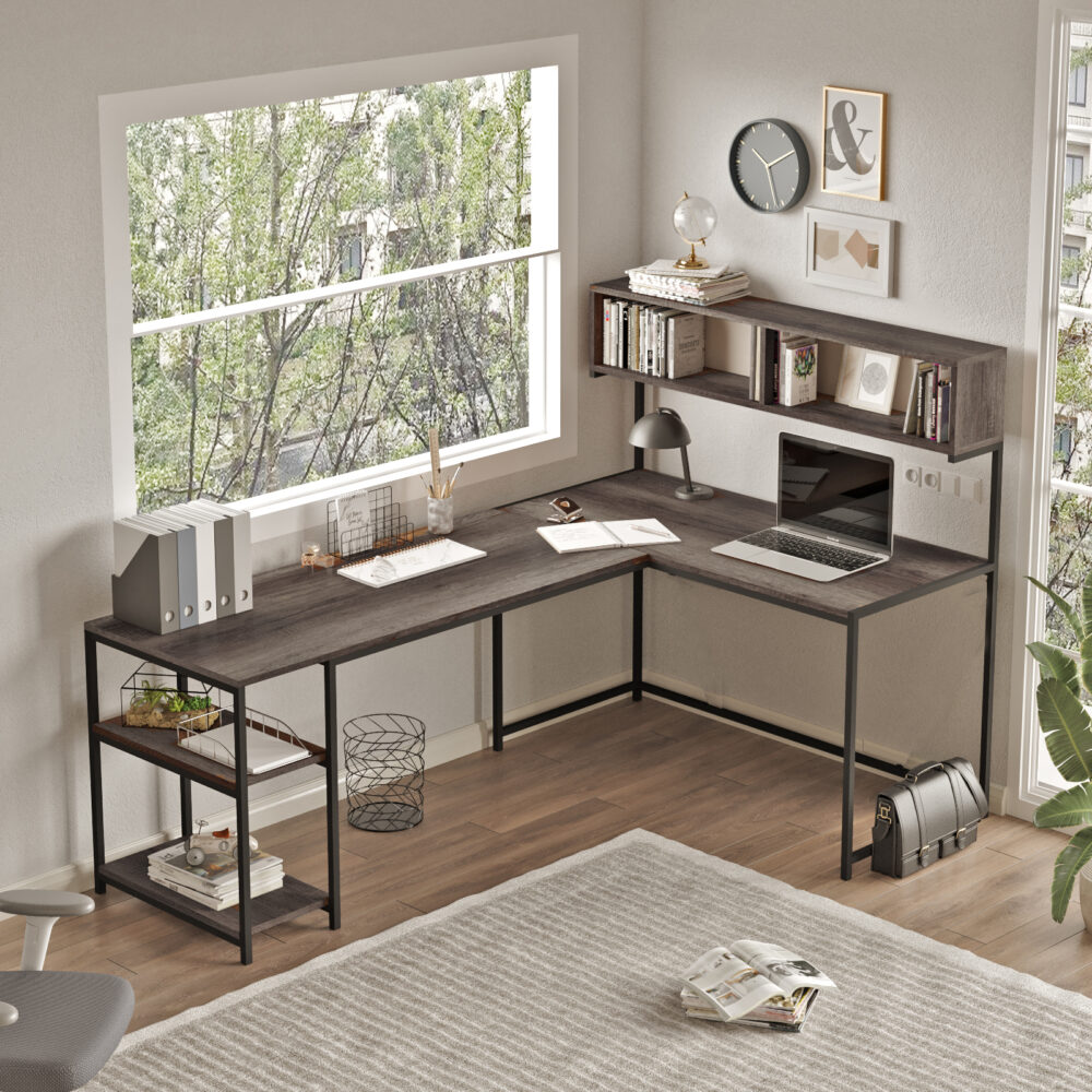 עמדת עבודה פינתית עם מדפים - CANSIN 1110 מידות שולחן: רוחב 200 ס"מ, גובה 72 ס"מ - מבית HOMAX