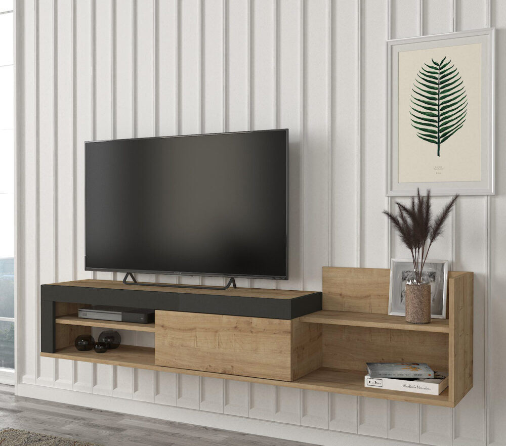 מזנון טלוויזיה צף בעיצוב מודרני עם 4 מדפים ויחידות אחסון - מבית HOMAX