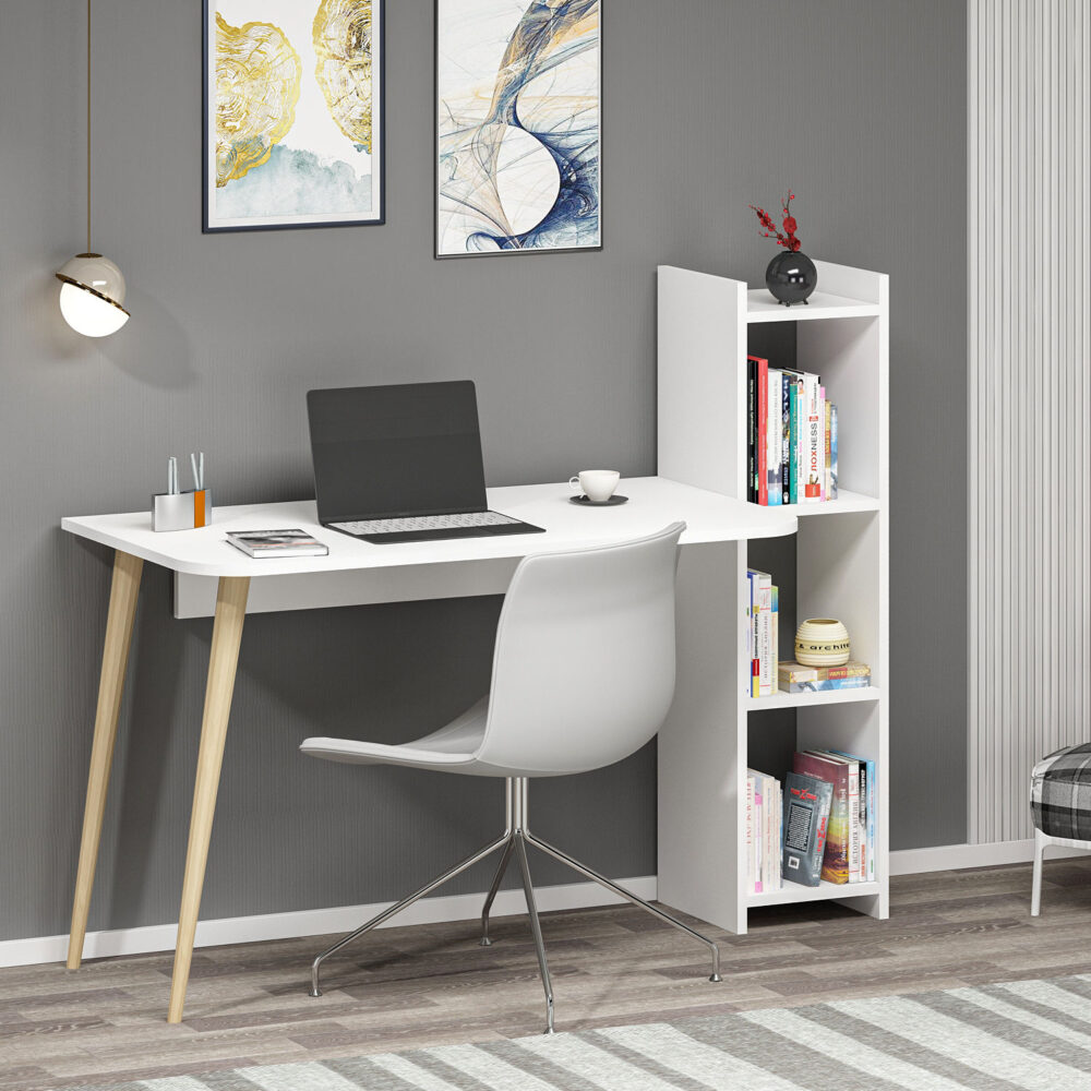 שולחן עבודה Galxy לבן עם תאי ספריה, עובי שבבית 18 מ"מ - מבית HOMAX