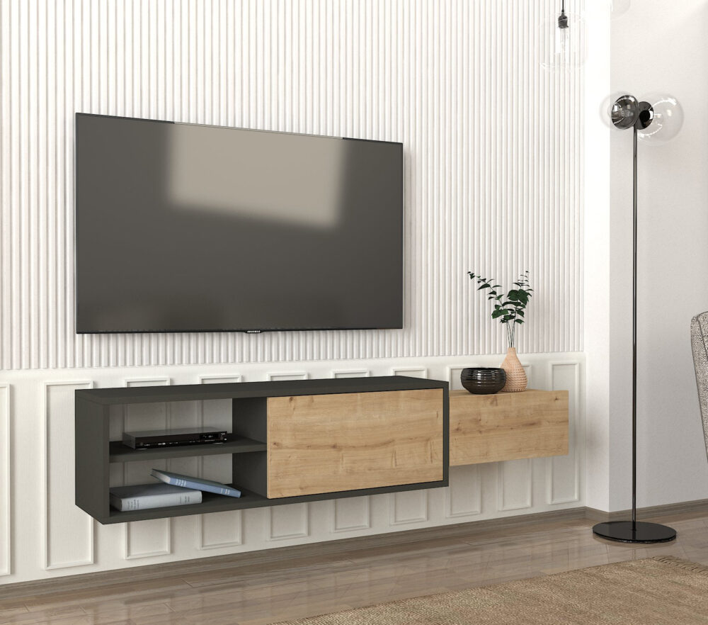 דיון DE2521 מזנון טלוויזיה צף עם 2 יחידות אחסון וקלאפה - עשוי שבבית 18 מ"מ - מבית HOMAX