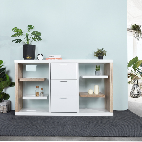 סיידבורד מדפים מרחפים מעוצב בעץ עמיד עם זכוכית למראה ייחודי - דגם FLY. מידות: כ-160 ס"מ רוחב - מבית HOMAX