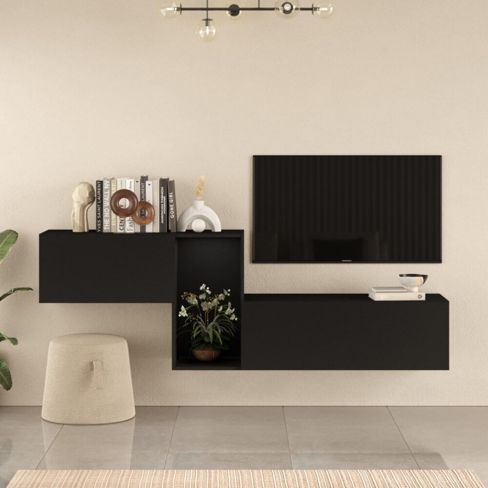 Nox KBL2-LB שחור - מזנון טלוויזיה צף עם 3 חללי אחסון - מבית HOMAX