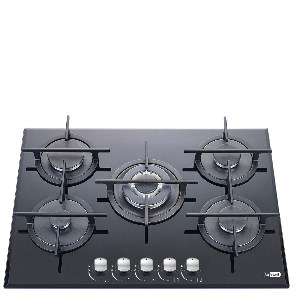 כיריים גז LY VENT  עם 5 להבות ועוד מבער טורבו זכוכית שחורה