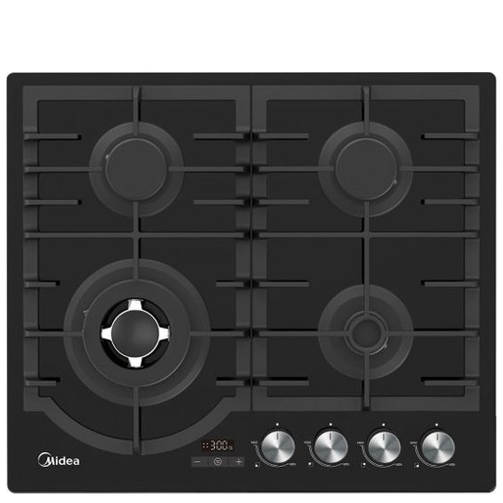 כיריים גז MIDEA 60GH096 - משטח זכוכית שחורה, 4 להבות כולל טורבו כפולה