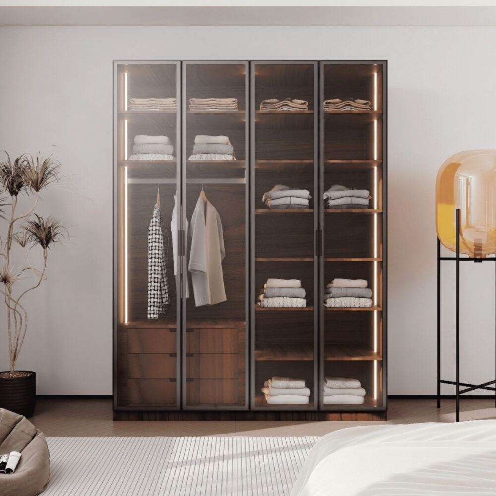 ארון בגדים יוקרתי עם 4 דלתות זכוכית ותאורת LED – דגם קופנהגן חום כהה מבית WOODY