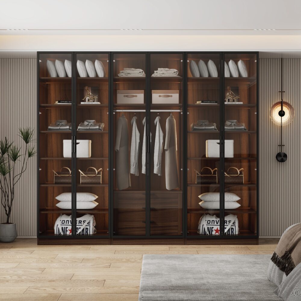 ארון בגדים עוצר נשימה עם 6 דלתות מזכוכית ותאורת LED - סדרת איטליה דגם רומא חום כהה מבית WOODY