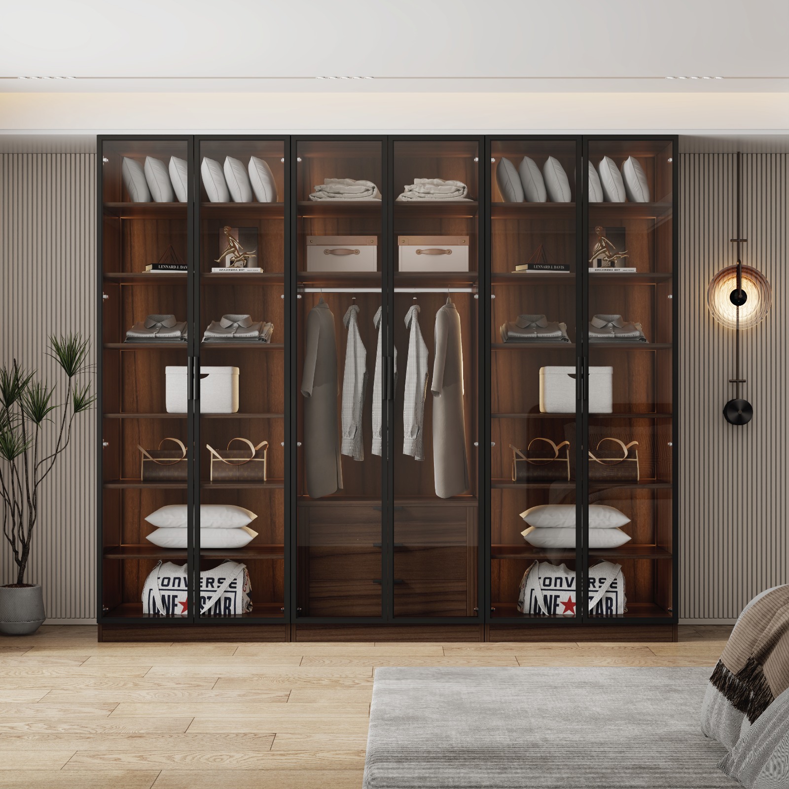 ארון בגדים עוצר נשימה עם 6 דלתות מזכוכית ותאורת LED - סדרת איטליה דגם רומא חום כהה מבית WOODY