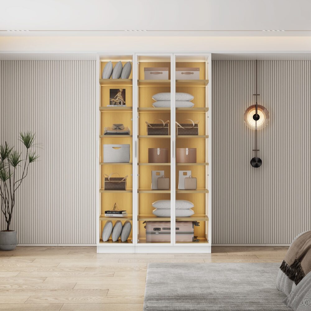 ארון בגדים איטלקי דגם אלגרו בעיצוב לבן עם עץ טבעי ותאורת LED מדהימה - 3 דלתות זכוכית במידות 120 ס"מ מבית WOODY