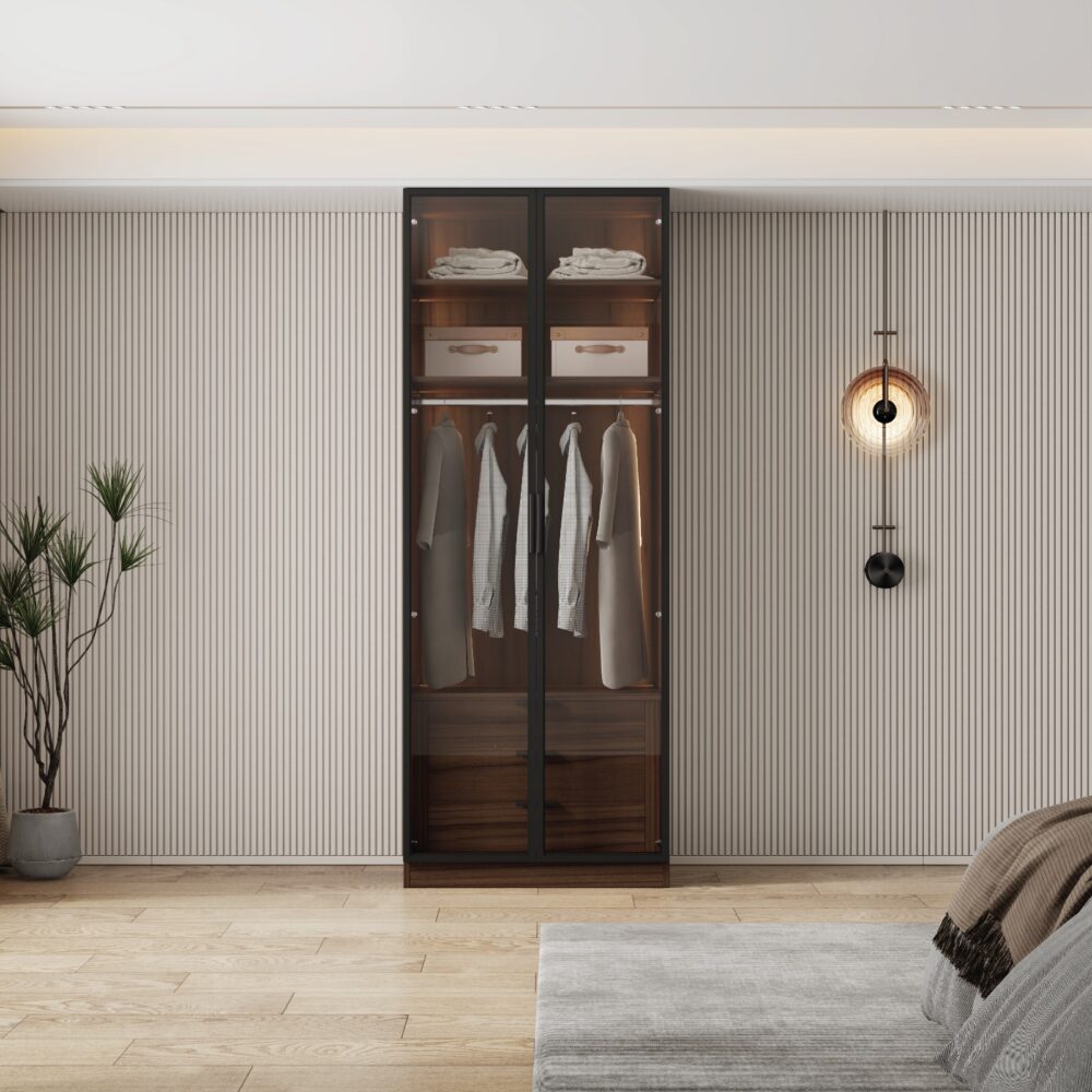ארון בגדים יוקרתי עם דלתות זכוכית ותאורת LED, רוחב 80 דגם מילאנו בצבע חום כהה מבית WOODY
