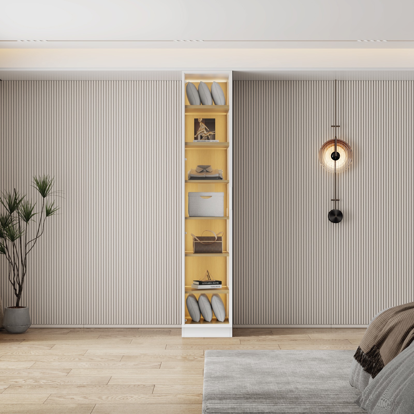 ארון בגדים דלת זכוכית מואר LED דגם ונציה בשילוב עץ טבעי - עכשיו ב-WOODY