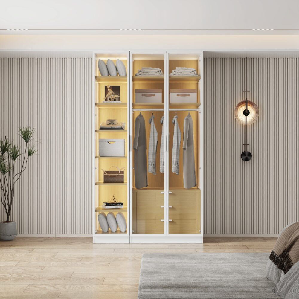 ארון בגדים איטלקי יוקרתי עם זכוכית ותאורת LED משולבת בעיצוב עץ טבעי - דגם טורינו, 120 ס"מ | תוצרת WOODY