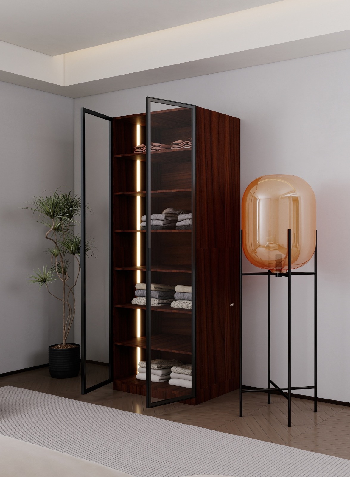 ארון בגדים עם דלתות זכוכית LED בעיצוב יוקרתי - דגם ונציה חום כהה מבית WOODY – תמונה 3