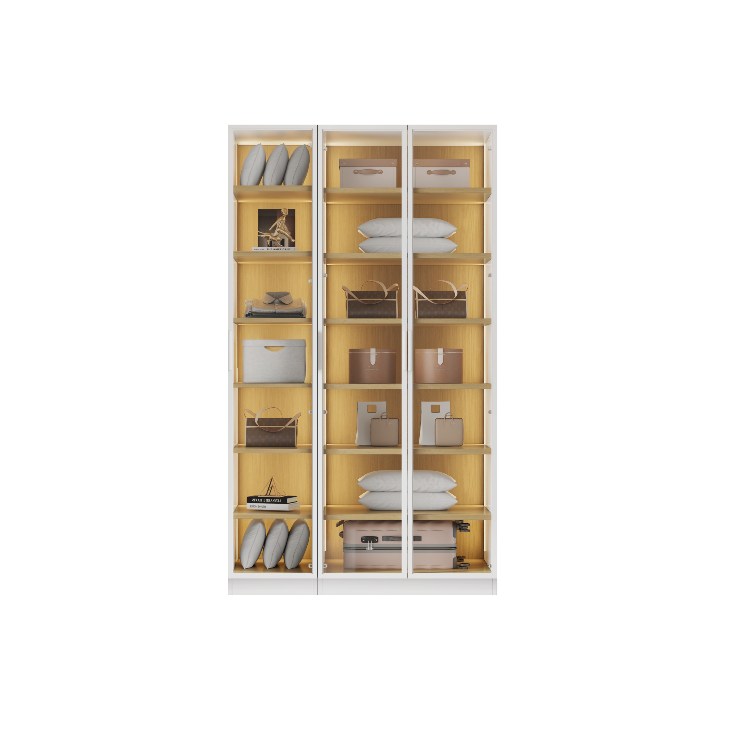 ארון בגדים איטלקי דגם אלגרו בעיצוב לבן עם עץ טבעי ותאורת LED מדהימה - 3 דלתות זכוכית במידות 120 ס"מ מבית WOODY – תמונה 2