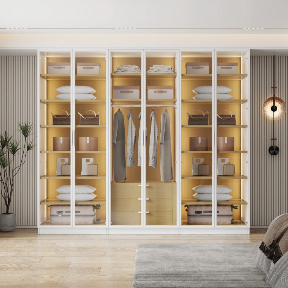ארון בגדים איטלקי יוקרתי עם 6 דלתות זכוכית ותאורת LED מדגם רומא – עיצוב קלאסי בשילוב עץ טבעי לבן מבית WOODY