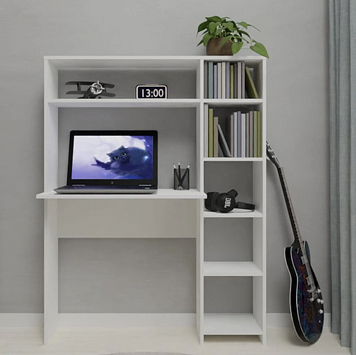 שולחן מחשב מודרני עם ספרייה מובנית דגם Elorn לבן WOODY