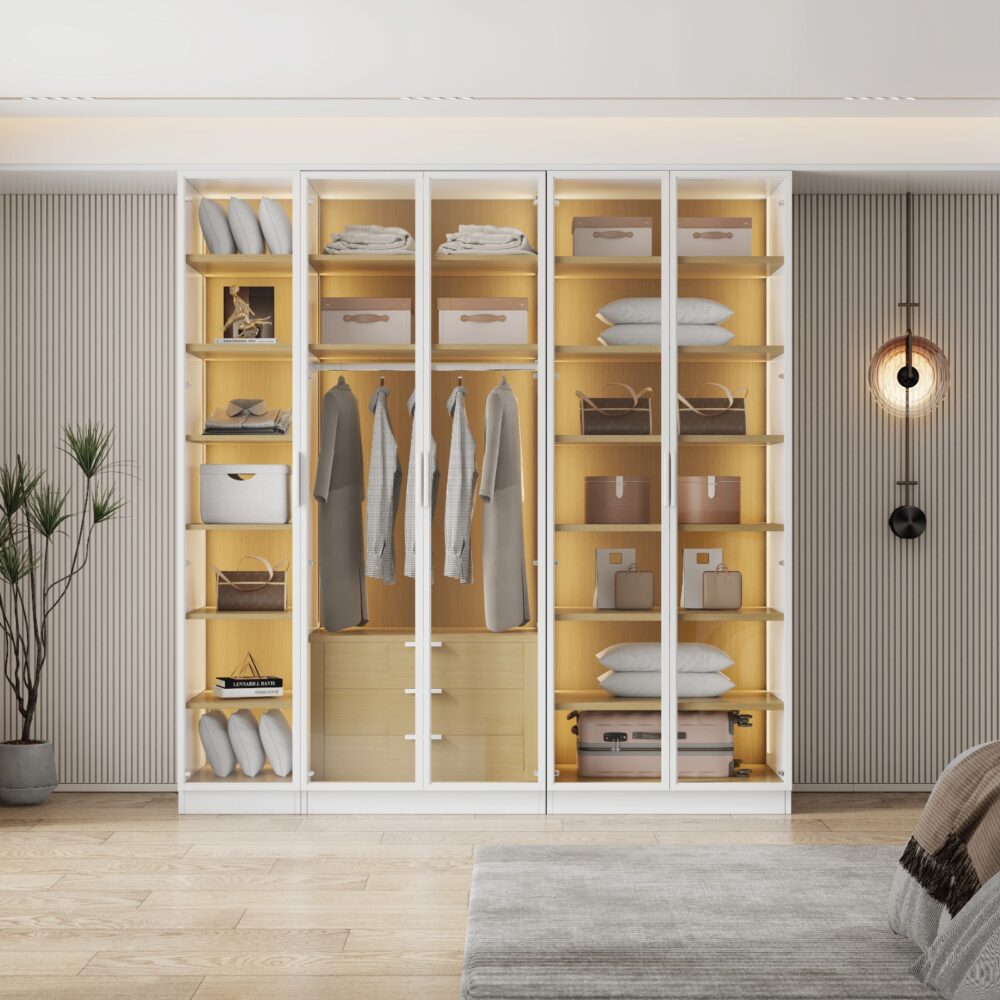 ארון עץ טבעי וזכוכית 5 דלתות עם תאורת LED - עיצוב איטלקי מהודר | WOODY