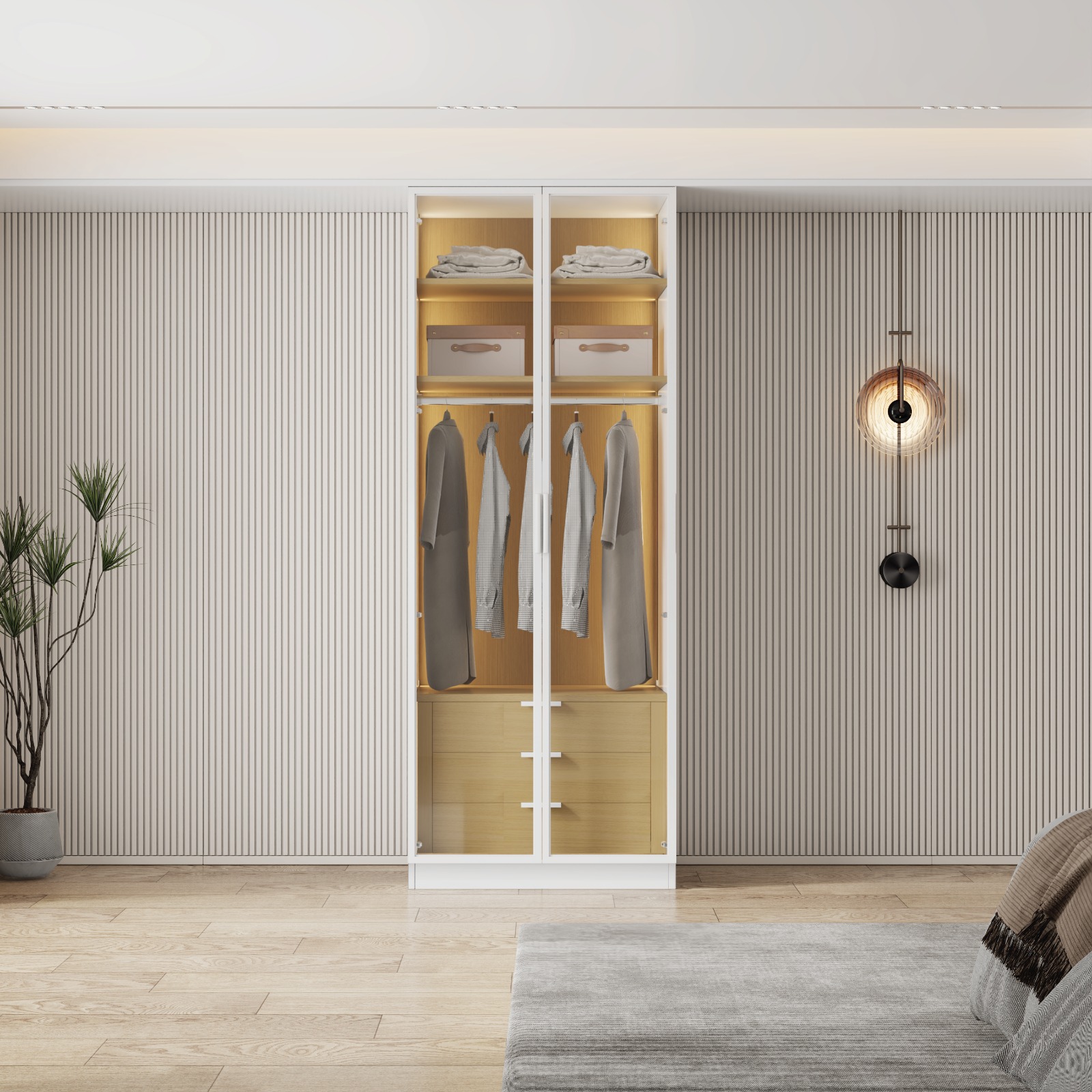 ארון בגדים MILANO עם תאורת LED ועיצוב עץ זכוכי בשילוב עץ טבעי מבית WOODY