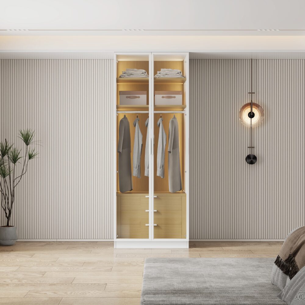 ארון בגדים יוקרתי דגם מילאנו עם תאורת LED ועיצוב זכוכית בעבודת עץ טבעי מבית WOODY