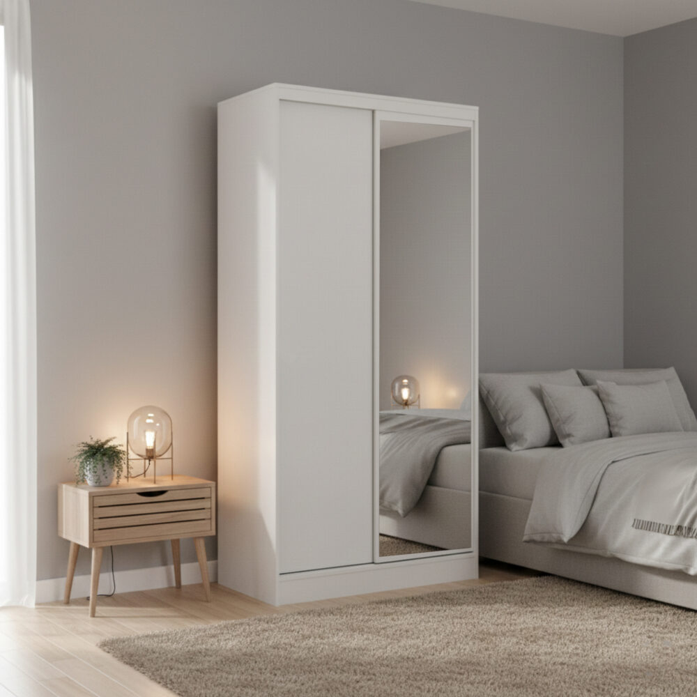 ארון הזזה WOODY דגם מיאמי - יופי של עיצוב ל-100×220 עם מראה צד ימין בלבן!