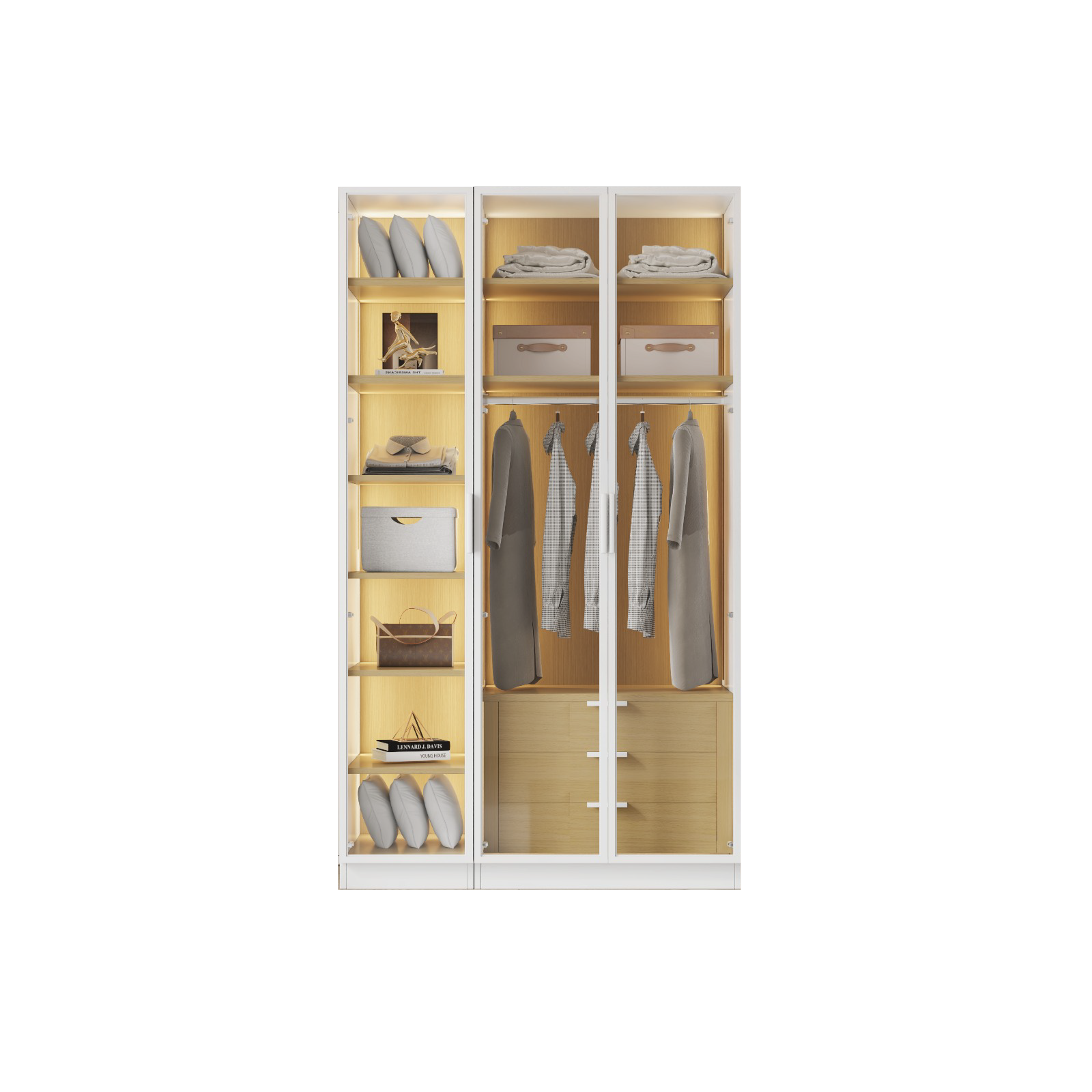 ארון בגדים מעוצב עם זכוכיות ונורות LED - דגם טורינו איטליה בצבע לבן ועץ טבעי | WOODY – תמונה 2