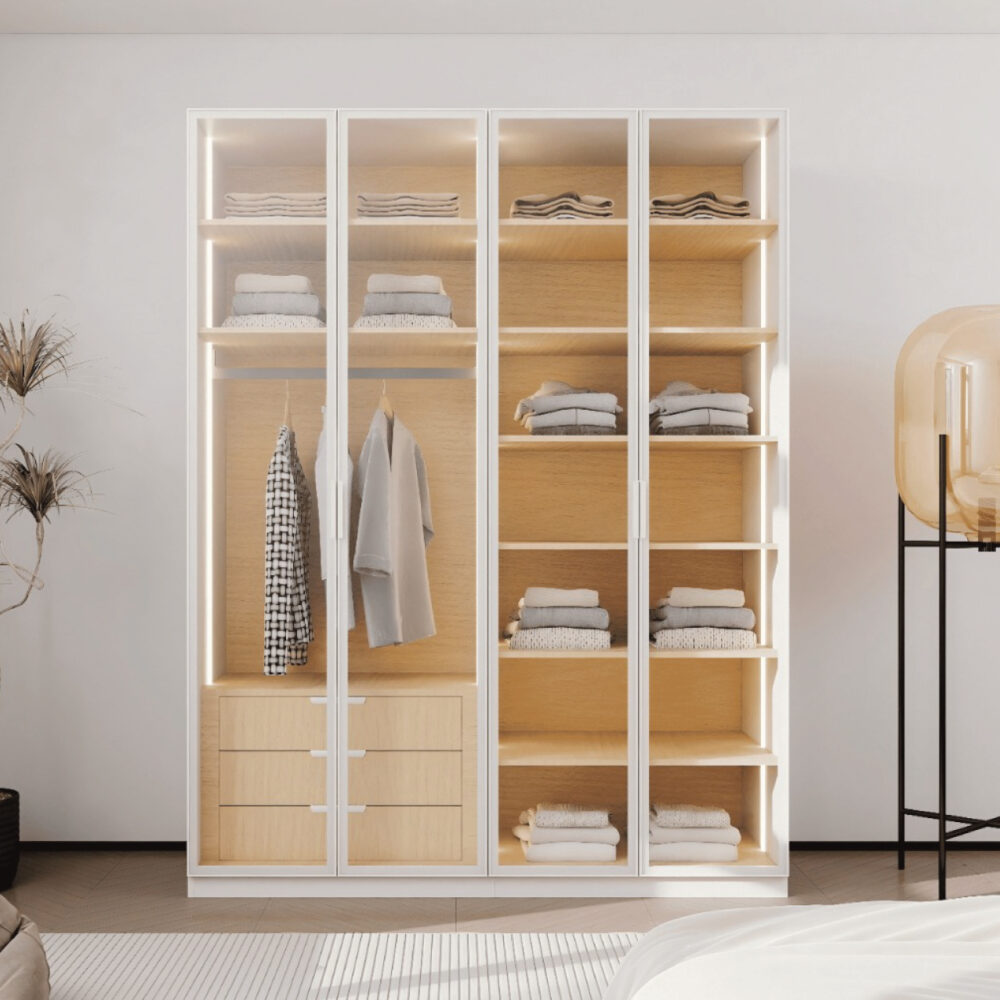 ארון בגדים מרהיב עם 4 דלתות זכוכית ותאורת LED - דגם קופנהגן בלבן ועץ טבעי מבית WOODY