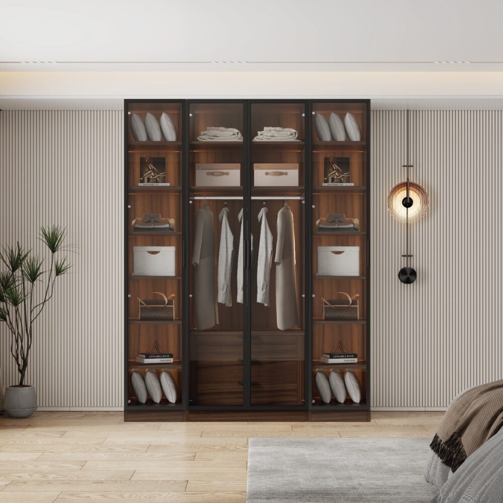 ארון בגדים איטלקי עם תאורת LED ו-4 דלתות זכוכית - דגם נאפולי חום כהה מבית WOODY