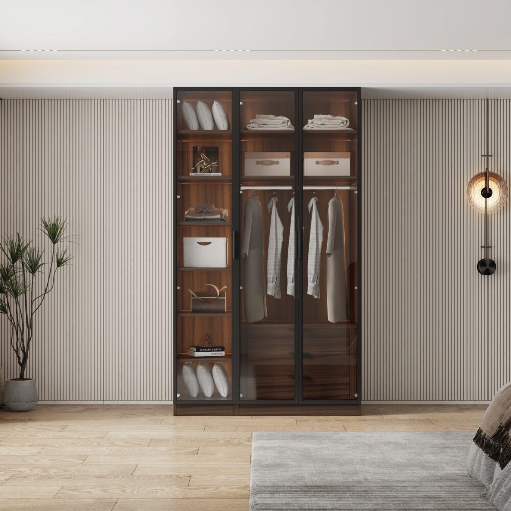 ארון בגדים 3 דלתות זכוכית עם תאורת LED - אומנות עיצובית מאיטליה דגם טורינו בחום כהה מבית WOODY