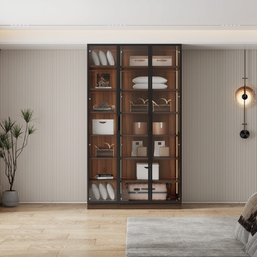 ארון בגדים יוקרתי 3 דלתות זכוכית עם תאורת LED - סדרת איטליה דגם אלגרו חום כהה מבית WOODY
