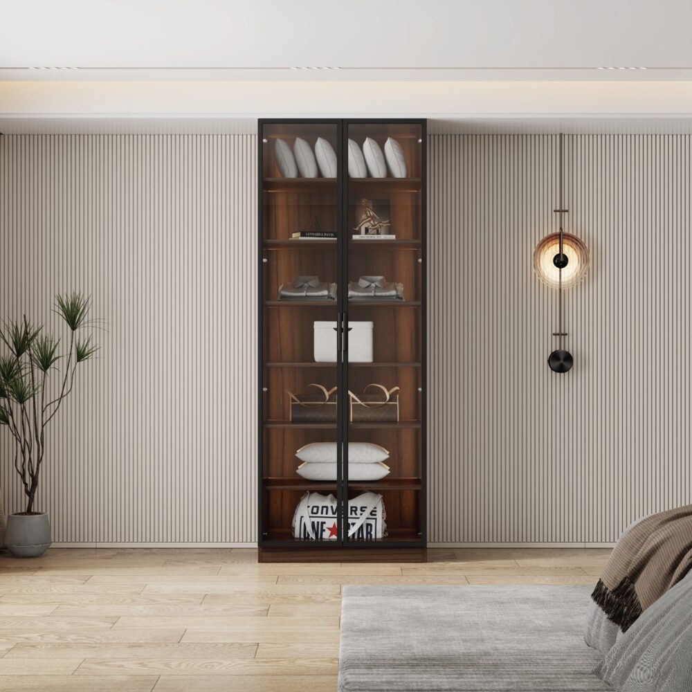 ארון בגדים בעיצוב יוקרתי עם תאורת LED ודלתות זכוכית - דגם ונציה חום כהה | WOODY