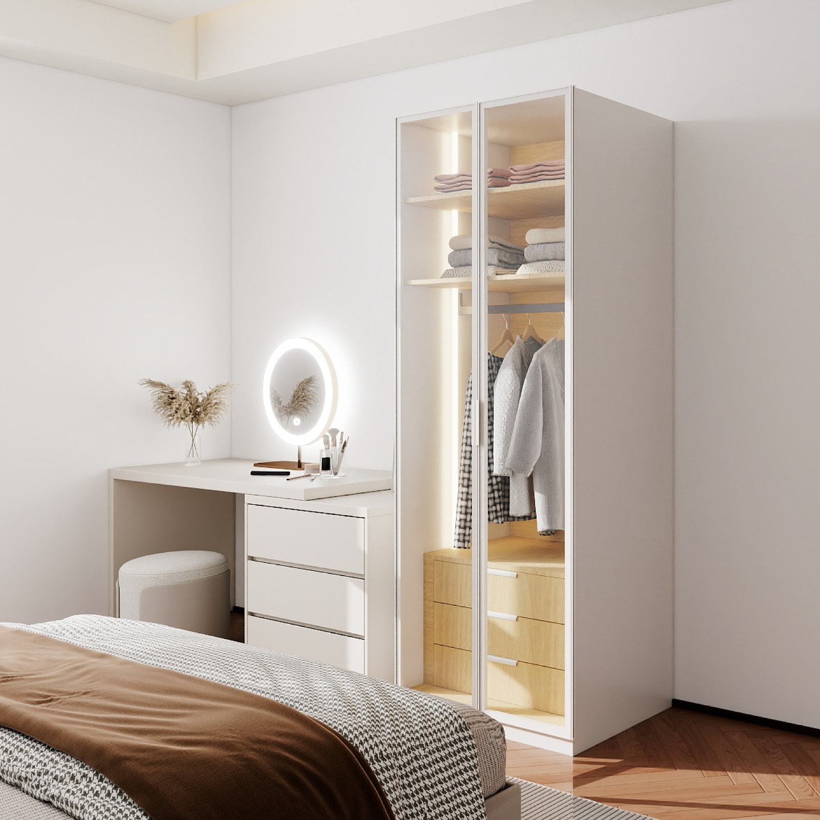 ארון בגדים MILANO עם תאורת LED ועיצוב עץ זכוכי בשילוב עץ טבעי מבית WOODY – תמונה 2