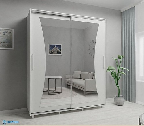 ארון הזזה מעוצב 2 דלתות ברוחב 200 דגם PORTO בצבע לבן עם מראה מעוגלת - WOODY