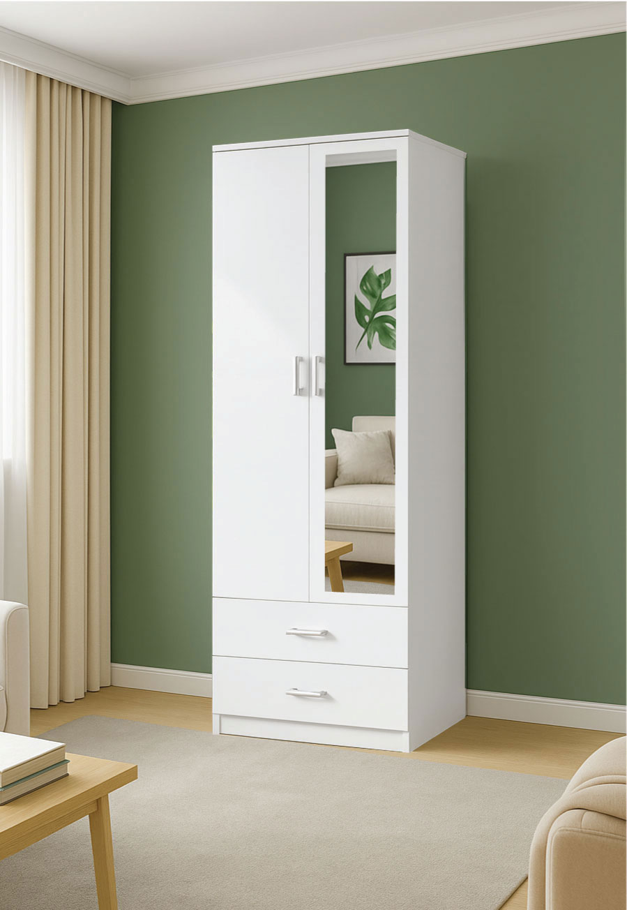 ארון בגדים יוקרתי 2 דלתות בעיצוב מודרני עם מראה צד ימין - דגם מתן לבן מבית WOODY