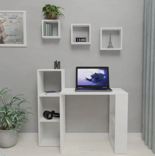 שולחן מחשב עם ספרייה משולבת בעיצוב Libron – צבע לבן WOODY