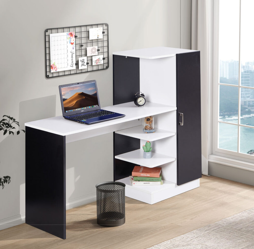 שולחן תלמיד עם ספרייה בעיצוב יוקרתי דגם טליה בצבע לבן-שחור מבית WOODY