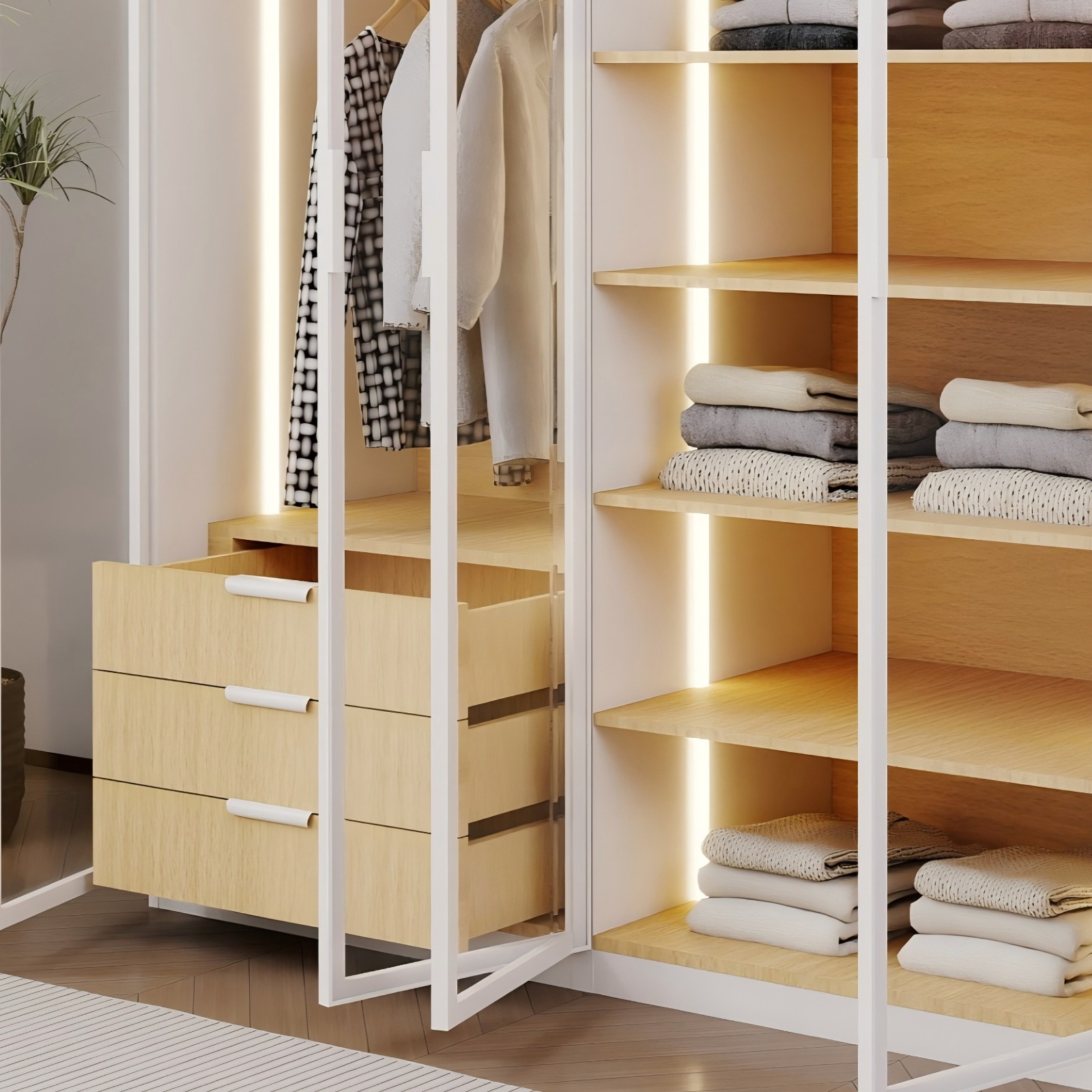 ארון בגדים יוקרתי 4 דלתות זכוכית עם תאורת LED רוחב 160 מסדרת איטליה בעיצוב פיזה, שילוב מהמם של לבן ועץ טבעי מבית WOODY – תמונה 3