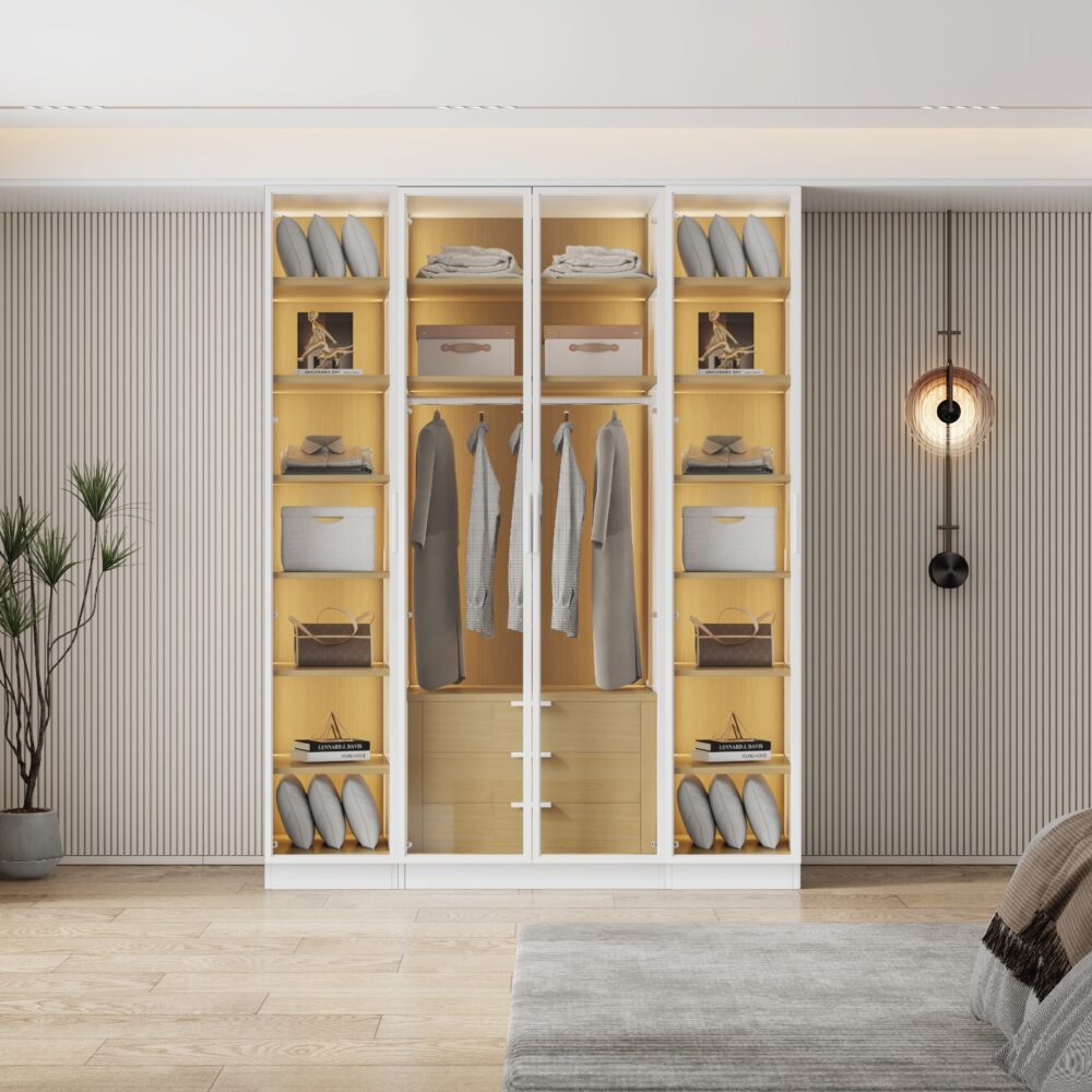 ארון מדהים בעיצוב איטלקי נאפולי - 4 דלתות זכוכית עם תאורת LED בעיצוב טבעי של WOODY