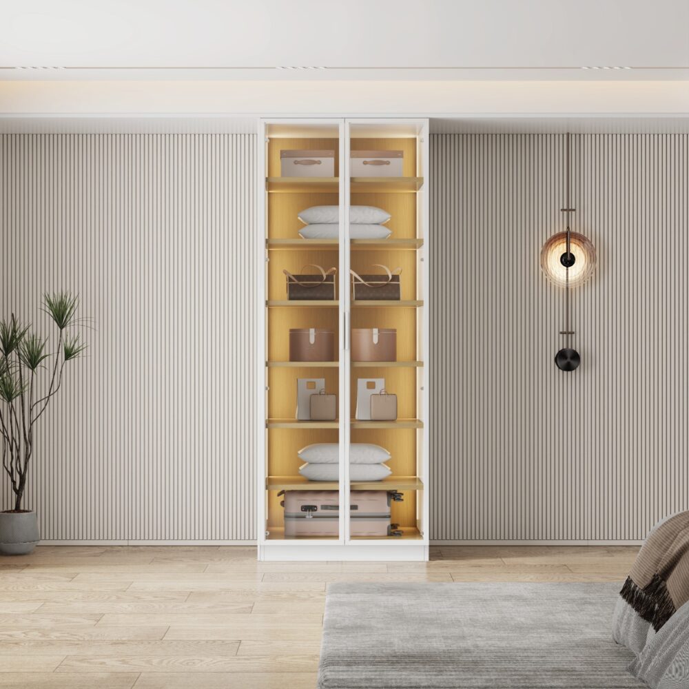 ארון בגדים WOODY בעיצוב ונציה - 2 דלתות זכוכית LED, 80 ס"מ, לבן עם עץ טבעי