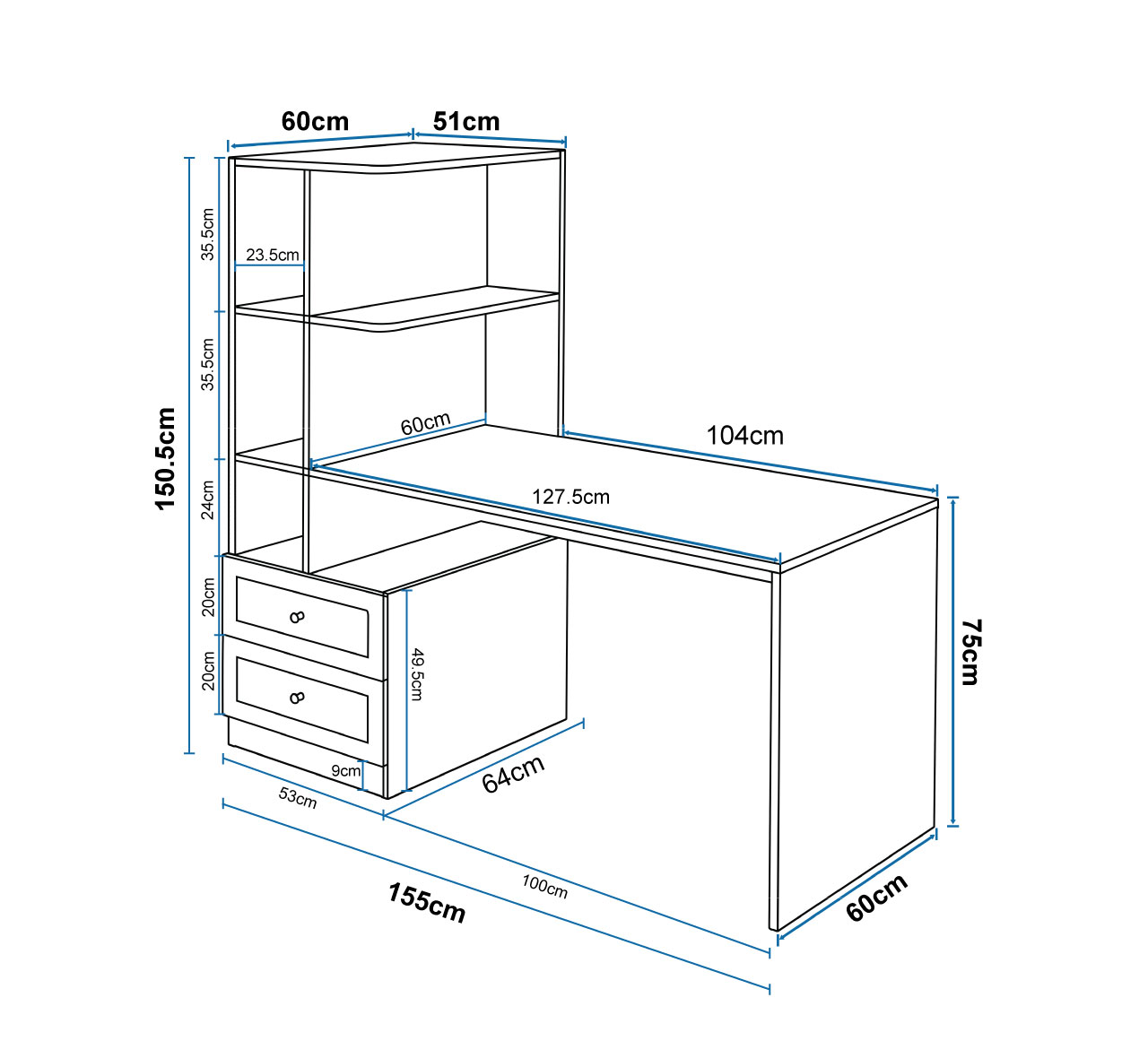 שולחן תלמיד ייחודי עם ספרייה דגם שקד Shaked בלבן מבית WOODY – תמונה 8